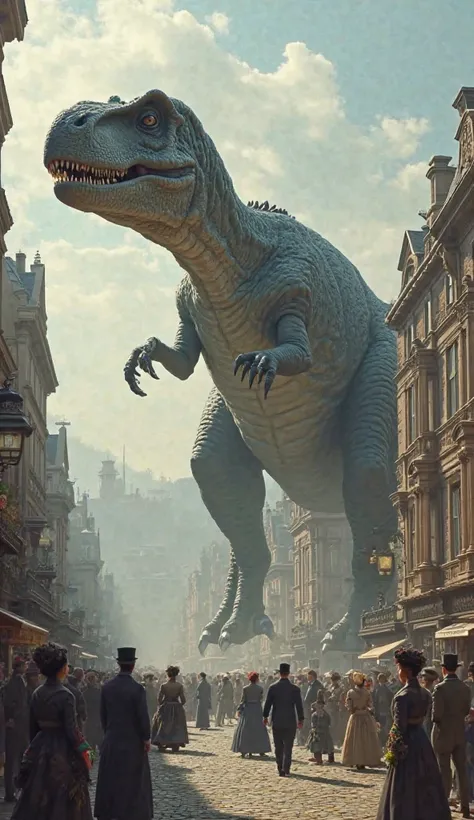 Vertical realistic picture.The city near the Victorian Epoh people dress like Victorian and there's a huge dinosaur on the street
