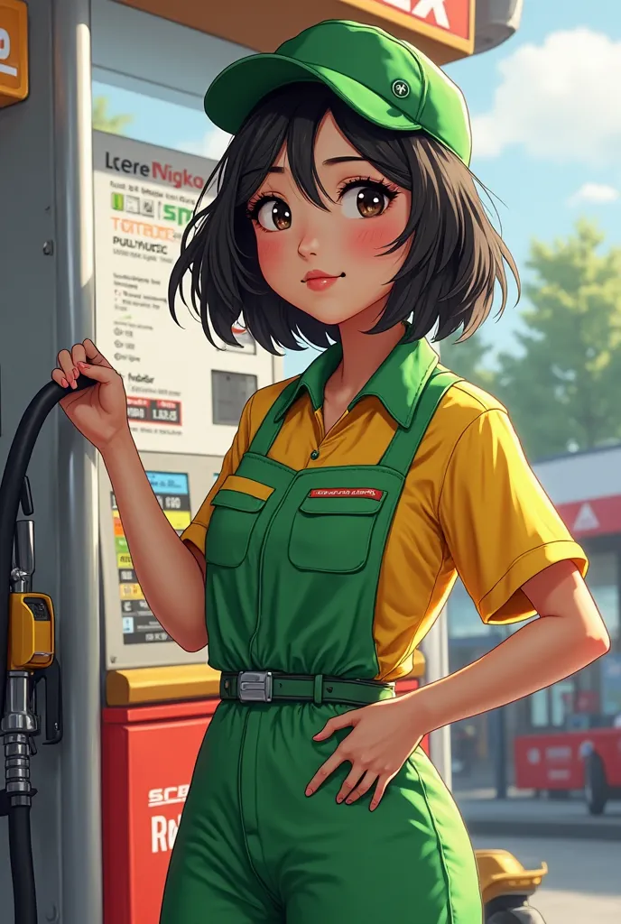  WITH MEDIUM BLACK HAIR, dark brown eyes, GREEN AND YELLOW GAS STATION ATTENDANT'S CLOTHING, 2D FUEL PUMP INSURED