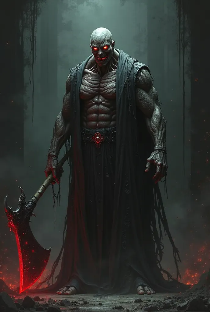 A zombie Inquisitor, with red eyes, With huge muscles , inquisitor hood,  holding an axe, on a black background, very gloomy, with an art style as if he were a horror villain from Resident Evil