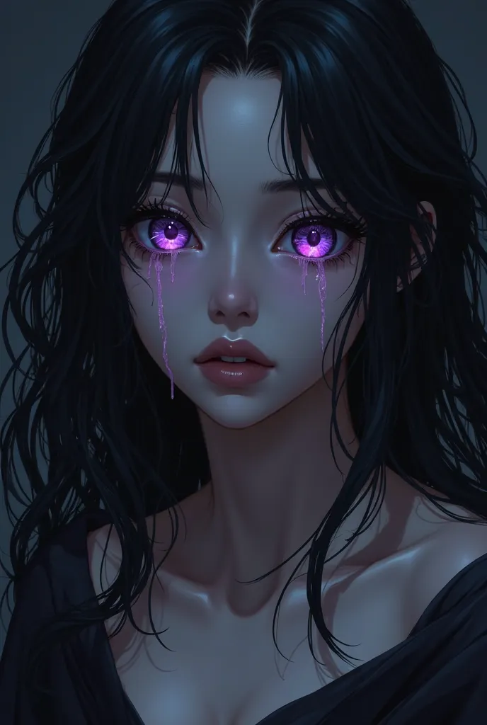 Creates an anime character woman, SHE HAS BLACK SKIN, extremely black and her eyes are purple, her hair is black like her skin and smooth, She cries purple tears