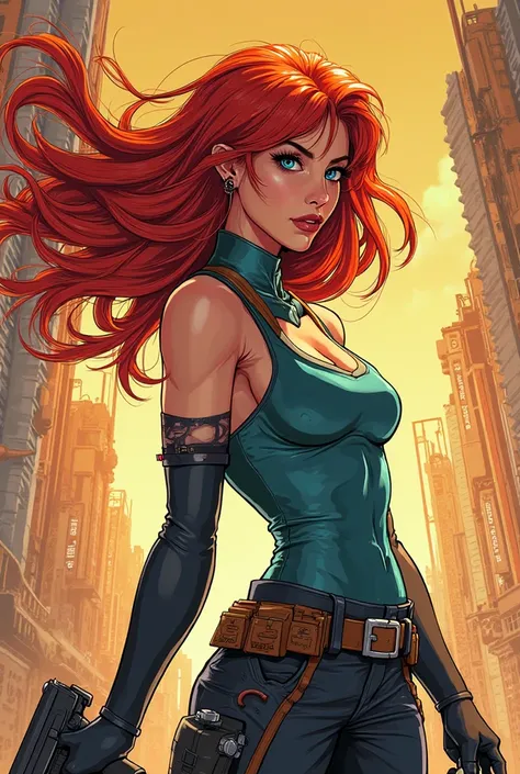 Girl comic character with red long hair with shooting theme