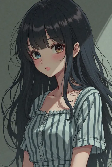 Anime photo of a woman wearing a prison dress, wanting to have cute long hair and not wearing black