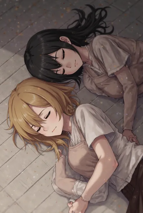 Create an image of women from Attack on Titan sleeping on the floor 