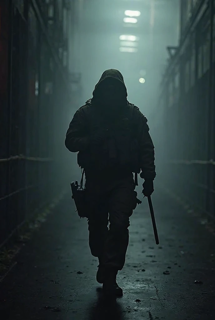 Image of a special forces soldier walking as if he were leaving in low light, with only his silhouette appearing, looking disappointed with what happened 
