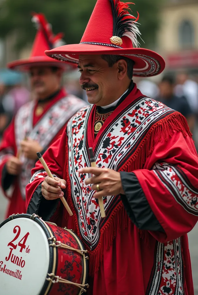 Create an image of 02 men playing Zampoñas, That they have a red cone hat and that they have red feathers, black and white, Let your poncho be red, white with black lines, And that in his drum and poncho he says 24 de Junio Cabanilla