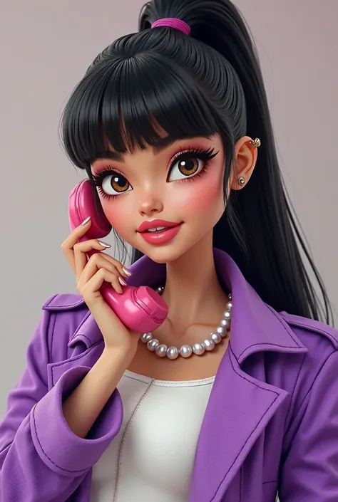 Bratz style image . Girl with black hair tied up, Light brown eyes and she wears makeup. She is wearing a white top with a purple jacket on top and a pearl necklace with a telephone in her hand.