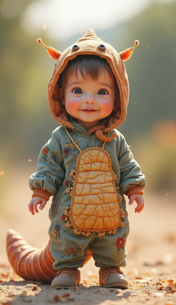 A cute, smiling and realistic baby with a very realistic and cute handmade worm costume she is standing in an open and clear environment