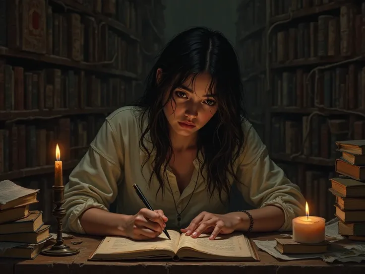 Ayna is sitting in a dimly lit room, surrounded by books and papers. She’s writing in her journal, her face reflecting a mix of pain and nostalgia. Soft instrumental music plays in the background.