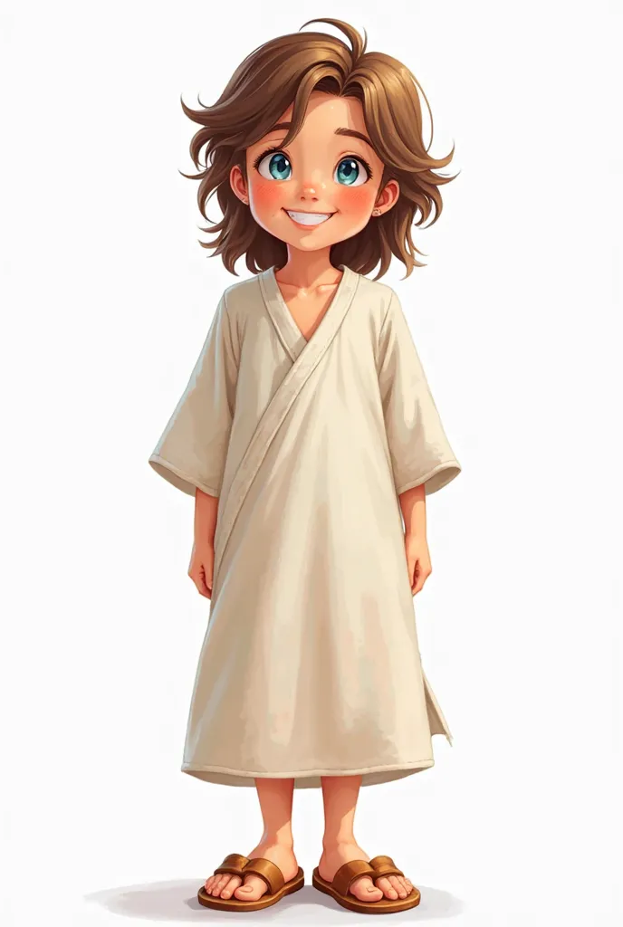 happy boy with long brown hair blue eyes ,Tunic dress on white full body background , with slippers on the feet 