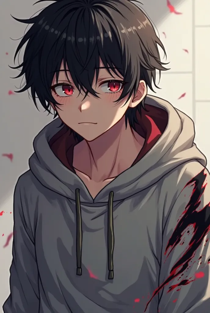 Anime handsome Man with black hair wearing hoodie + black diseign on his hoodie on right arm hand not in left+ his one eye was blooded like human-demon only one left eye was blooded and right one was normal