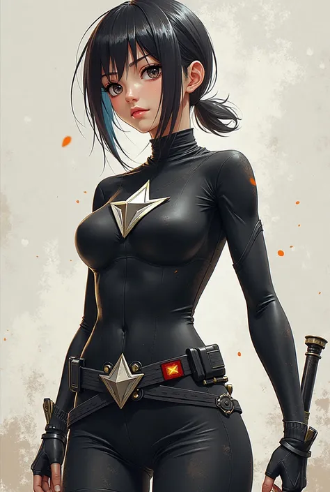 She should be in an anime style with less armor on her arms and the chest plate should be a triangle star shaped and she should be wearing skin tight black turtle neck 