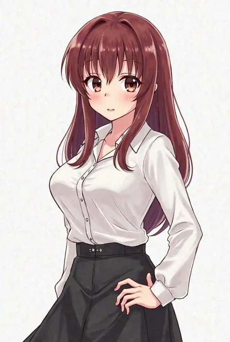 Draw a beautiful anime girl with brown gree eyes, dark red hair with a mole under her mouth, bangs, and big breasts wearing a white shirt with an open chest, a black skirt, and Jane shoes a style yandere girlfriend and obsessed 
