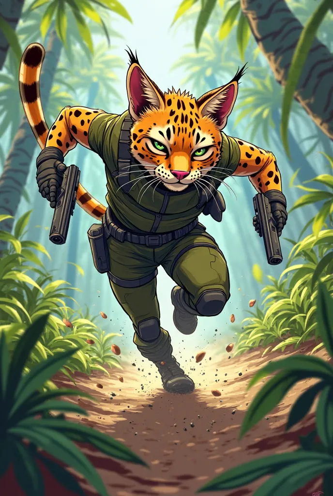 "A cartoon of an ocelot wearing tactical gloves, holding two pistols while sprinting through trees. Background features wind-blown leaves and motion lines."