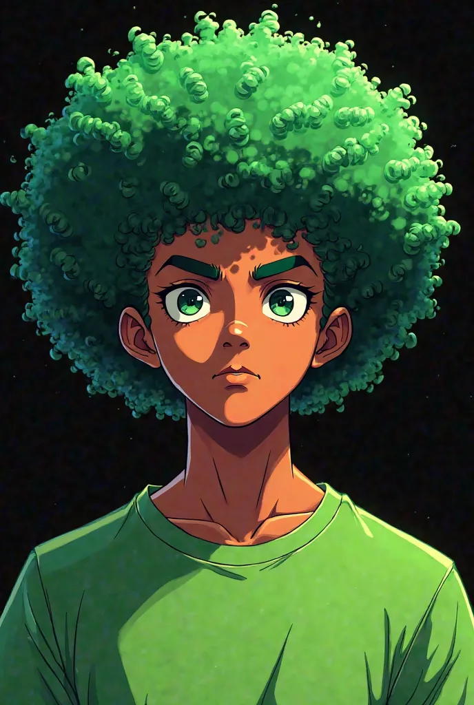 i need a male anime with afro haircuts and small coil hairs and green shirt, black background, looking front 