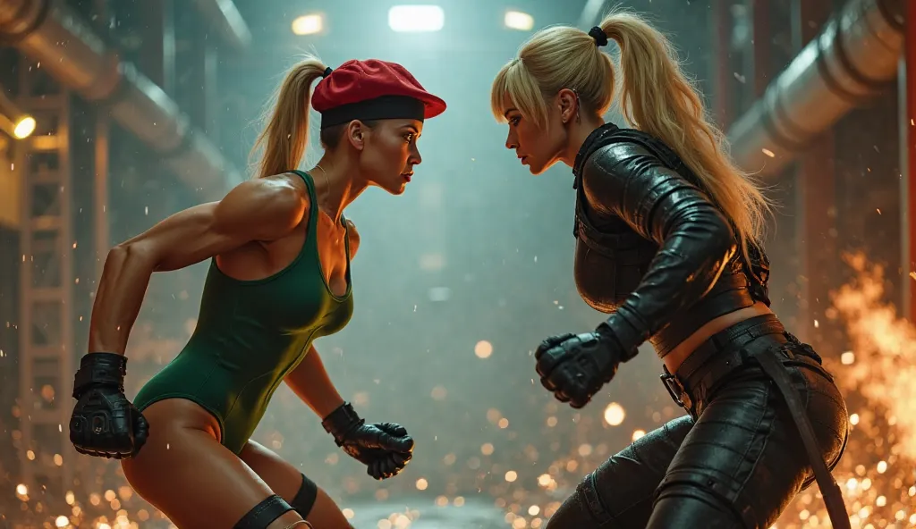 A high-stakes face-off between Cammy and Sonya Blade, two elite soldiers standing face to face in an industrial battleground. Cammy, wearing her green leotard and red beret, crouches into her battle stance, her toned muscles tense, ready to strike. Opposit...