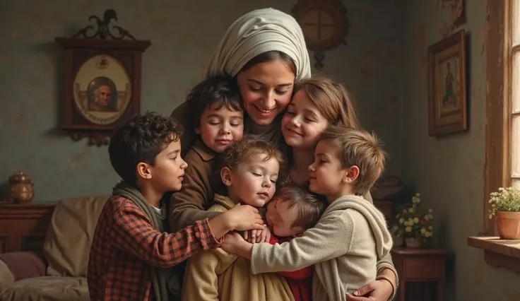 a Jewish mother embracing her seven ren.
