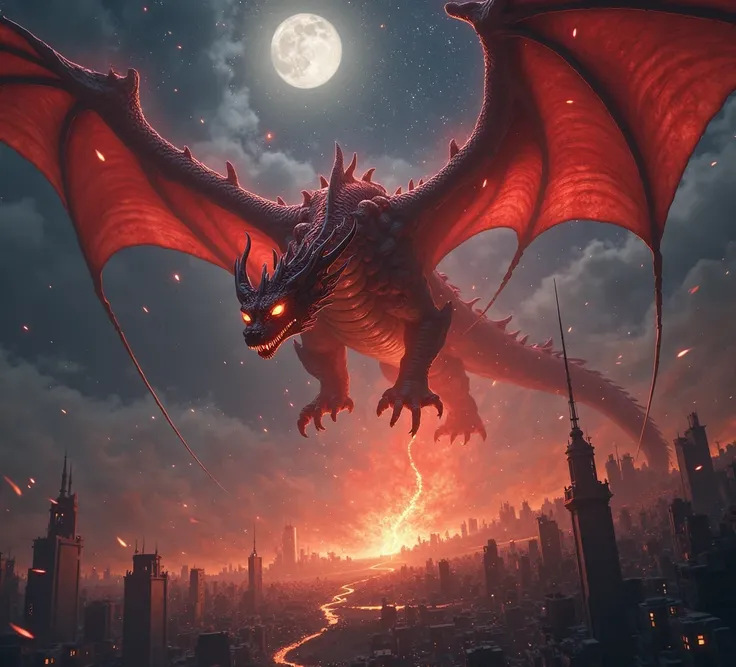 a scarlet dragon falling from the sky to the earth with thousands and thousands of aliens cinematic night sky