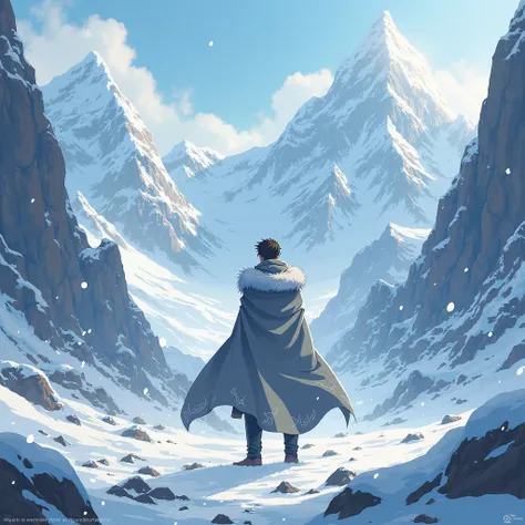 a man on the frosty mountain, anime graphical style