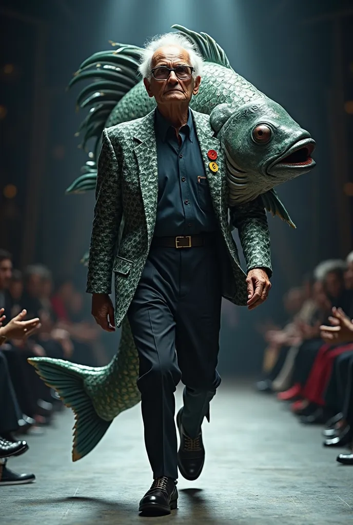 "An adorable elderly male model, over 65 years old, walking confidently on a high-fashion runway. He is wearing an extravagant costume designed for a costume party, featuring a giant humanoid fish figure integrated into the outfit. The oversized fish appea...