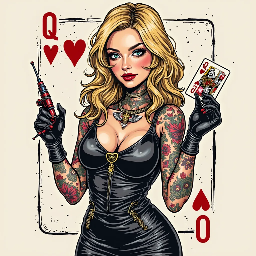 Full playing card with queen of heart's upper body,  blonde poop, shoulder-length hair, im Harlekin style mit Krone, leather dress and wart gloves, tattoo art, Vector, tattoos, in one hand she holds a tattoo machine in the other a poker card, Poker, sie is...