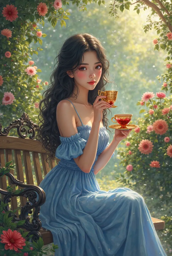 A girl with long black hair wearing a blue dress sits in a garden and drinks pomegranate juice in a golden cup 