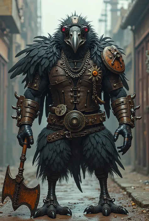 "A diesel-style humanoid vulture punk and biker, with a robust and excessively strong body, standing in an imposing and threatening posture. It has dark and frayed feathers mixed with metal parts, like gears and iron plates, that form a heavy armor on his ...