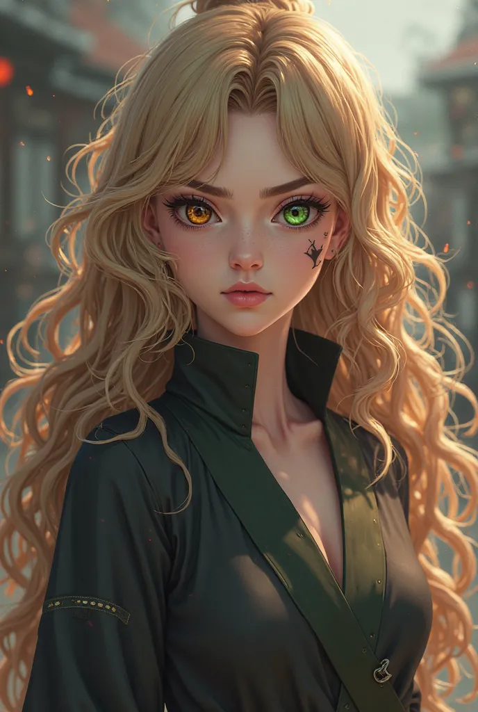 Naruto Shippuden-style girl, strong,  eyes of a different color,one green and one brown, long curly hair with volume, light brown, almost blond,  a scar on the cheek