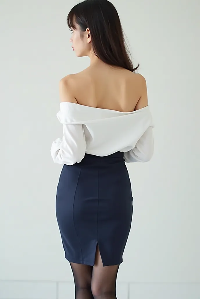 A beautiful young Japanese woman full body in perspective. She is wearing  a white blouse. The blouse is widly unbottoned.The blouse is slipping off her shoulder and  her shoulder is exposed.. a navy blue knee-length pencil skirt. the skirt is tued up and ...