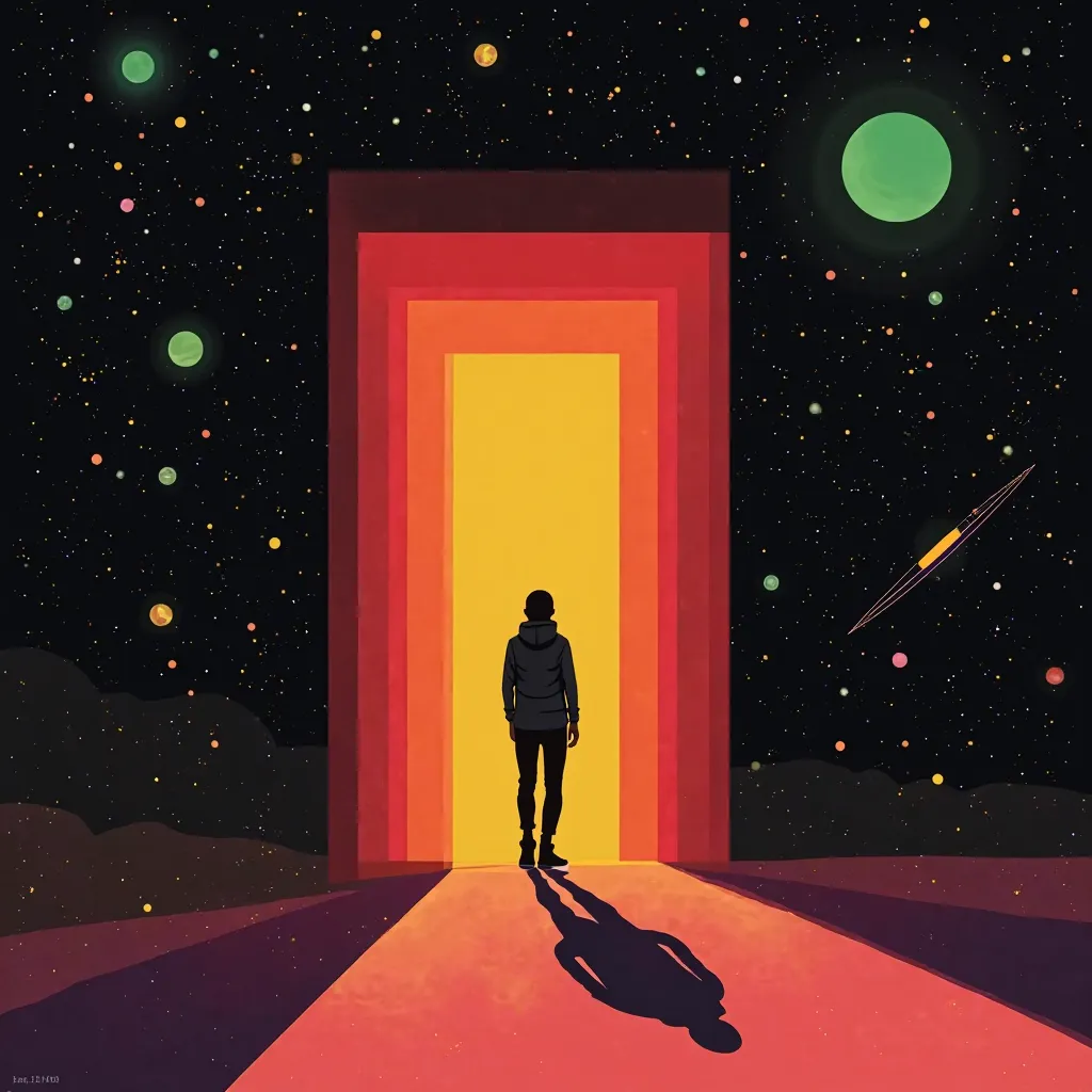 Surreal cosmic doorway, silhouette of a person standing in a vibrant rectangular portal. Portal gradient from red to orange to yellow. Starry space background with planets. Green planet, black hole, and other celestial bodies visible. Stark contrast betwee...