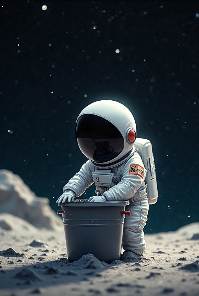 Little astronaut washing clothes in a bucket. The astronaut wears a helmet and spacesuit with a minimalist trident on the sleeve of the suit