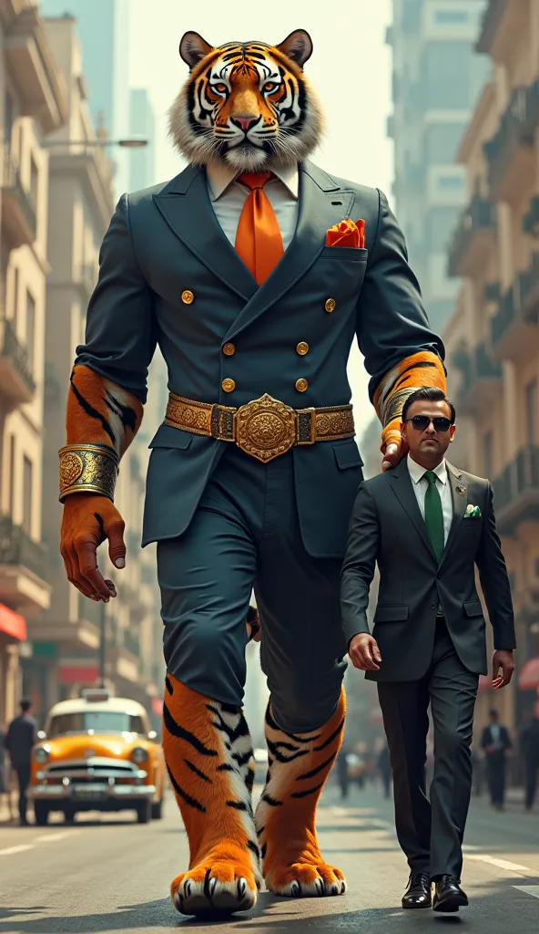 An ultra-realistic digital artwork of a towering, muscular anthropomorphic Bengal tiger walking through a bustling Indian metropolis. The tiger has vibrant orange fur with bold black stripes, piercing golden eyes, and a regal, confident expression. Its mas...