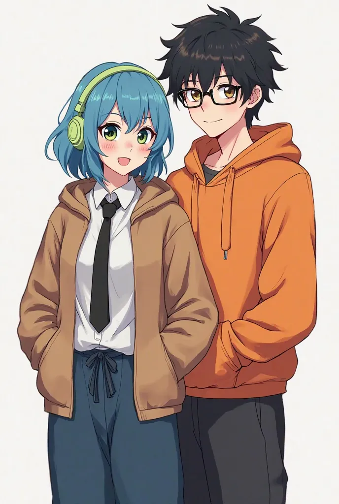 Draw an anime girl in Yandere style with blue hair, pistachio headphones, wearing a brown jacket over a white shirt with a black tie, dark blue baggy pants, and her boyfriend wearing an orange hoodie with black pants and his features are INTJ He has curly ...