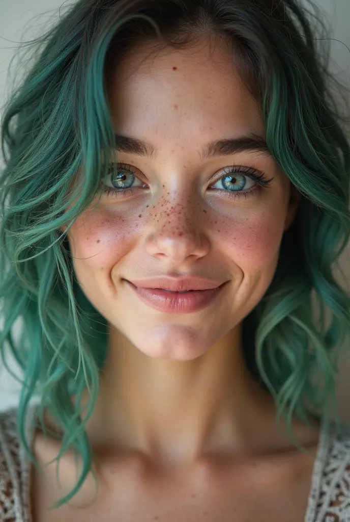 a smiling young lady with one eyes blue and another eyes purple and light freckles on the face with green hair, photography, portrait, realistoc