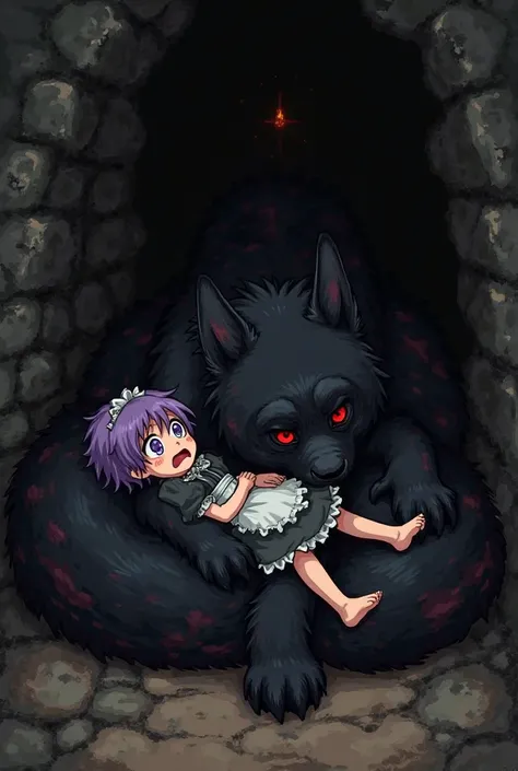 In a small dark dungeon a giant evil dog covered in black fur with red eyes is laying on its side on a giant dog bed made of black fur with brown splotches laying with the dog is a young girl wearing a maid dress with short messy purple hair purple eyes an...