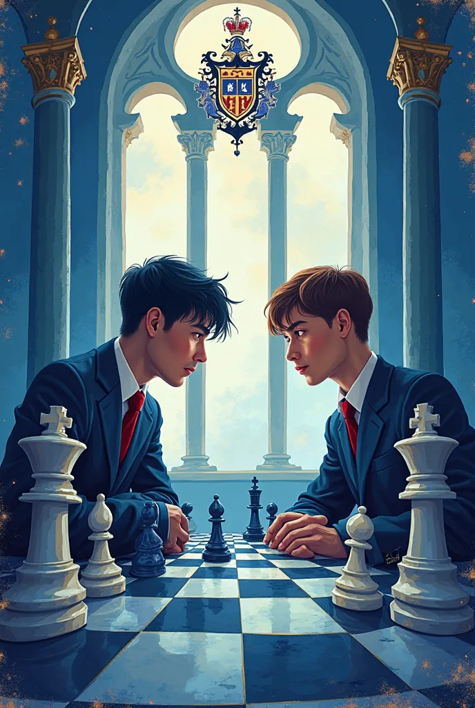 School poster for a Catholic school about a chess event that mainly contains the colors navy blue and white.