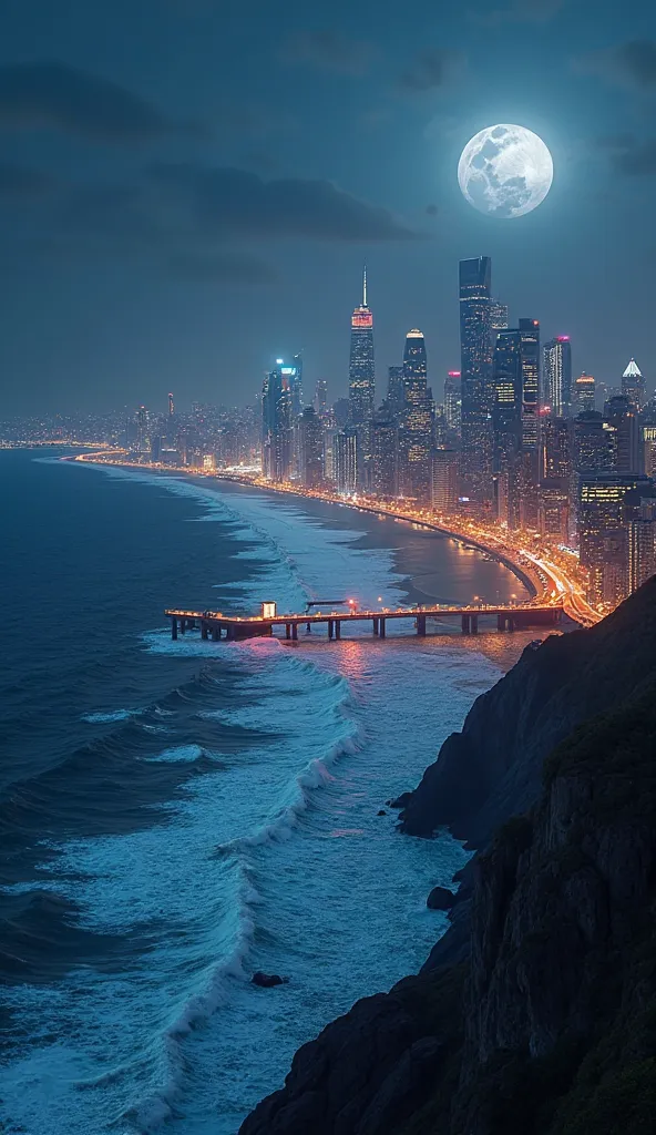 "Would you like me to confirm the generation of an image of a metropolis at night, viewed from a drone? Picture a mesmerizing aerial view of a coastal megacity, with a skyline of jagged skyscrapers glowing in shades of blue and gold, a full moon hanging lo...