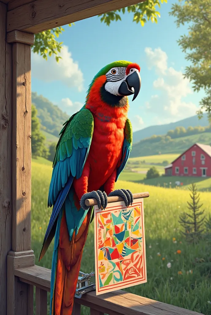 Create a picture of a parrot on a farmhouse background holding a modern poster and upholstery stapler 