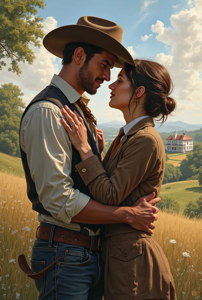 Create an image of a 25-year-old cowboy and another 25-year-old man from the city, they are in a drawing and in the distant background a farm they are embraced and are a couple in the background a luxurious farm create another
