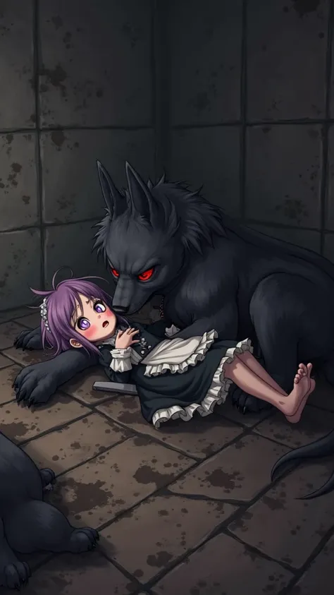 In a small dark dungeon a giant evil dog covered in black fur with red eyes is laying on its side on a giant dog bed made of black fur with brown splotches laying with the dog is a young girl wearing a maid dress with short messy purple hair purple eyes an...