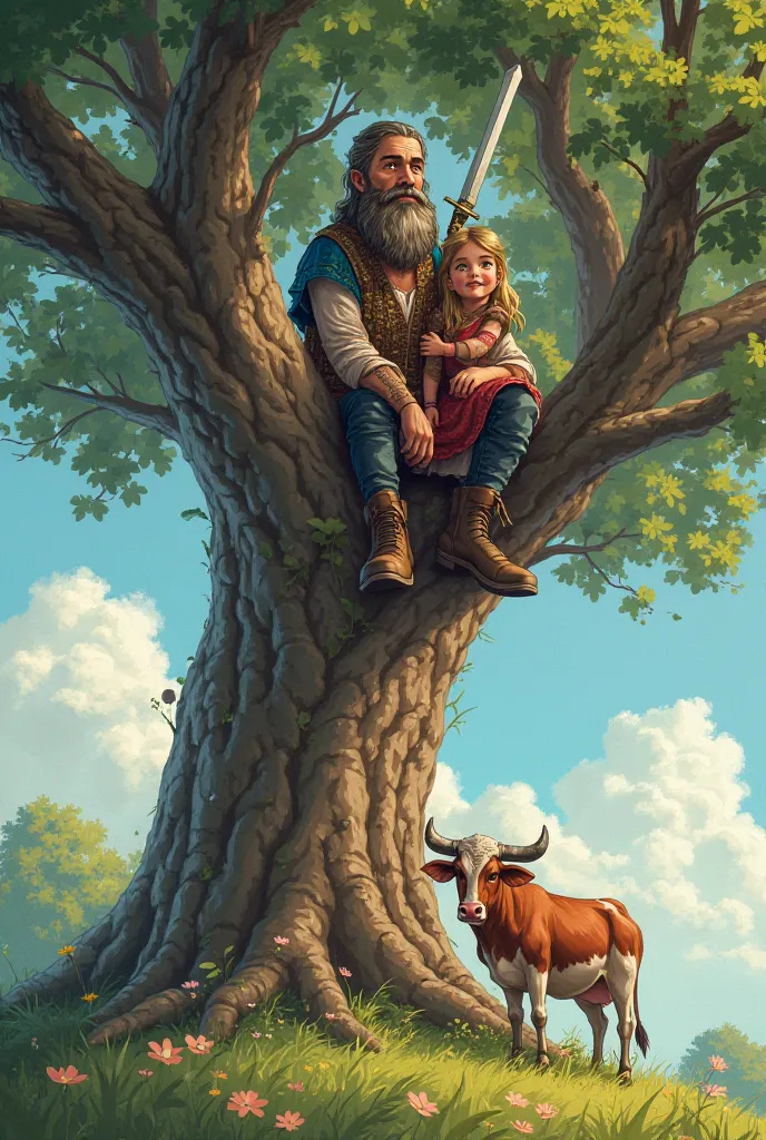 I want an illustration of a bearded man on the tree with his daughter with a sword in his hand and a cow in front of him on the tree
