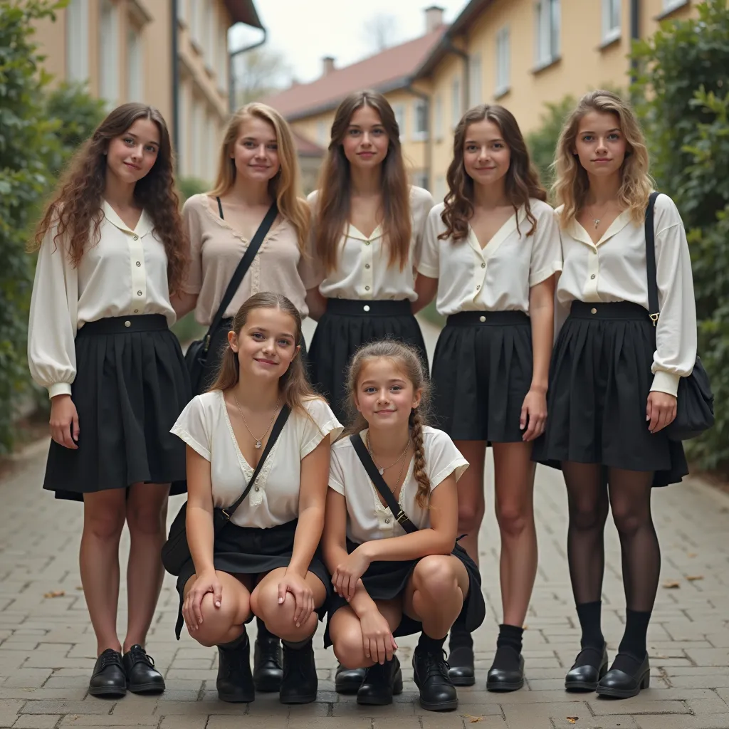 High resolution, (full frame 2,5), realistic skin textures, Realistyczne zdjęcie, spontaniczne, Bardzo Młode, nastoletnie, polska, girls, zdjęcie grupowe, uczennice middle school, far shot, biała bluzka z głębokim dekoltem, black wrap skirt, hold-ups stock...