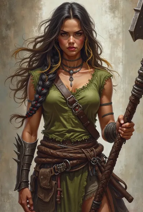 Pathfinder 2e Character Portrait Half-Orc Female Barbarian 2handed Maul Weapon with Empyreal Dragon Instinct Features. Wild and wavy hair with a single braid and some of the strands including a golden highlight. softer facial features  