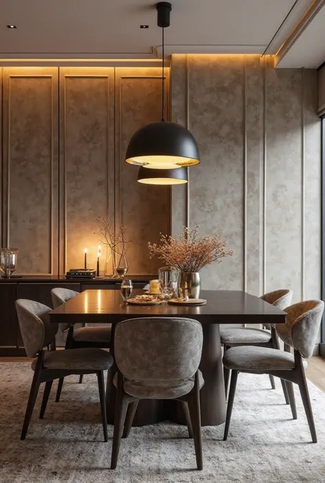 Modern dining room with warm lighting. Elegant hanging lamps on the dark wood table, textured walls in neutral tones and gold accents. Cozy and sophisticated design in trend 2025.Floor with carpet to delimit the area. Elegant style with contemporary touche...