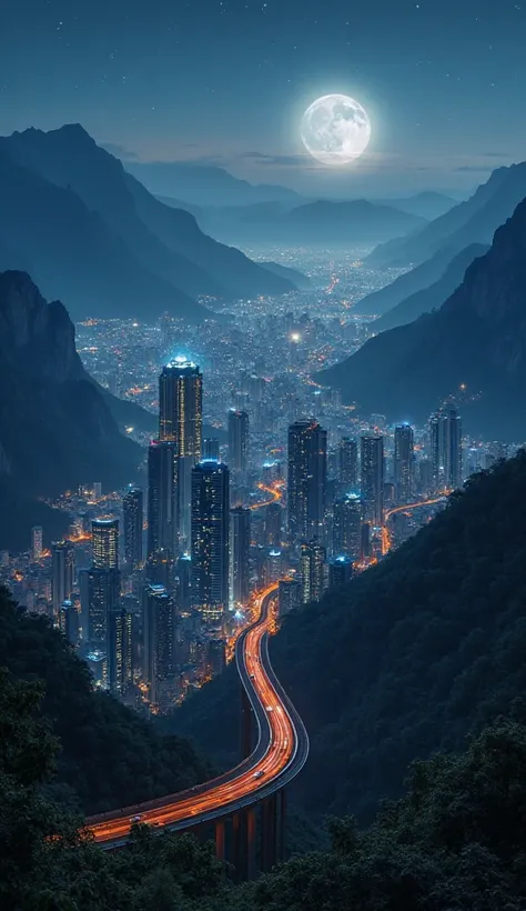 "Would you like me to confirm the generation of an image of a metropolis at night, viewed from a drone? Visualize a dramatic aerial view of a city nestled between mountains, its skyscrapers twinkling like stars under a full moon, a winding elevated train c...