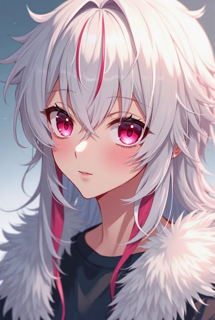 young man who has long snow white fluffy hair with slightly red tips and bangs that cover half of his face along a fluffy ahoge in the center of his head that reaches down to his brows, as well as gradient-colored eyes from red to pink with snow white eyel...