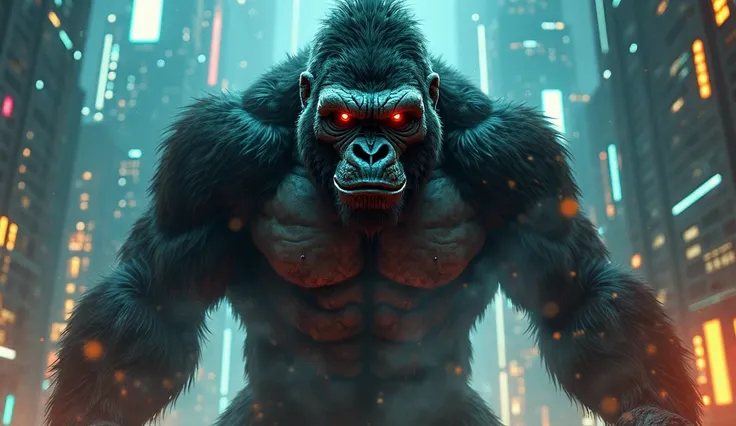 King Kong with red eyes, looking at the camera, in cyberpunk style in a night environment with neon yellow and blue lights