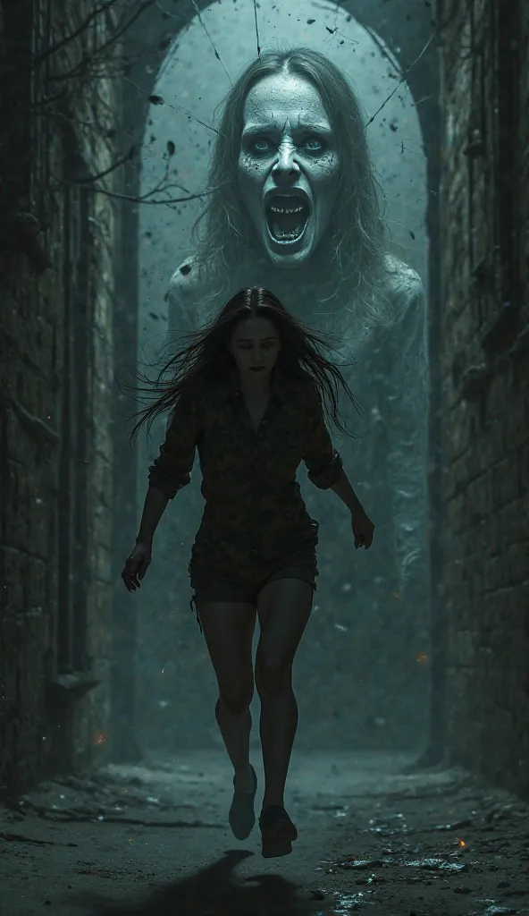 (Prompt da Cena: A woman runs down a dark alley, chasing something. When she finally grabs what she wants, You see it's a mirror... And in that , her own face distorted by evil.)