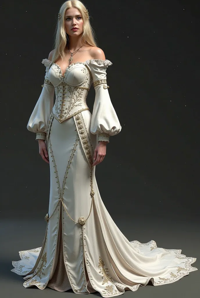 Here are some ideas for a Skyrim wedding dress/Medieval XL:

*   **Silhouette "mermaid" with an emphasis on lacing.** Use complex lacing patterns on the corset to create medieval appearance.

*   **train-накидка с вышивкой.** train, falling from the should...