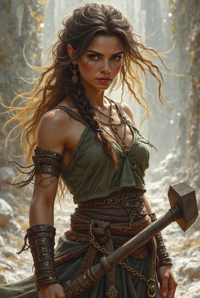 Pathfinder 2e Character Portrait Half-Orc Female Barbarian 2handed Maul Weapon with Empyreal Dragon Instinct Features. Wild and wavy hair with a single braid and some of the strands including a golden highlight.