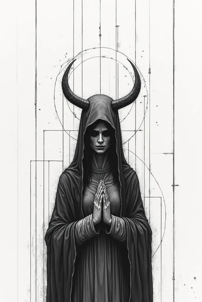 Catholic Virgin with horns sad without eyes , Linear  ,minimalist , black and white , drawing 